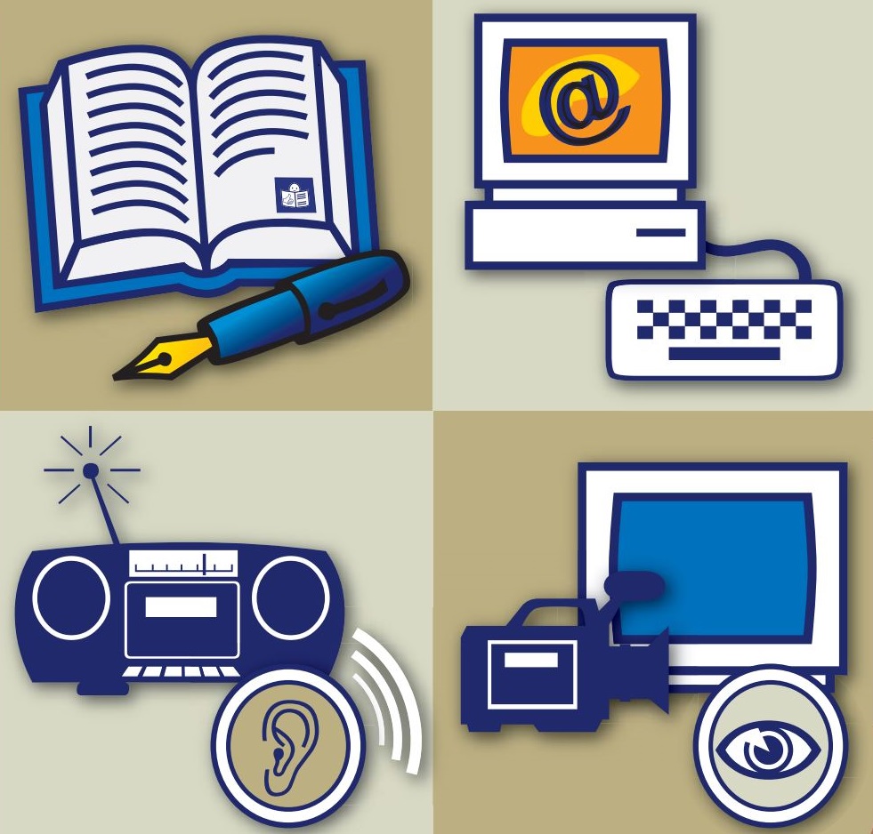 Cartoon images of a notepad and pen, a computer, a radio and a camera and monitor.